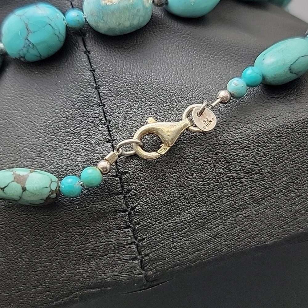 Genuine Turquoise 925 Sterling Silver Hematite Beaded Necklace 11x14mm Beads